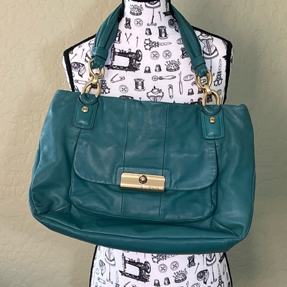 COACH F16814 KRISTIN TEAL LEATHER SATCHEL SHOULDER BAG PURSE - Picture 1 of 14